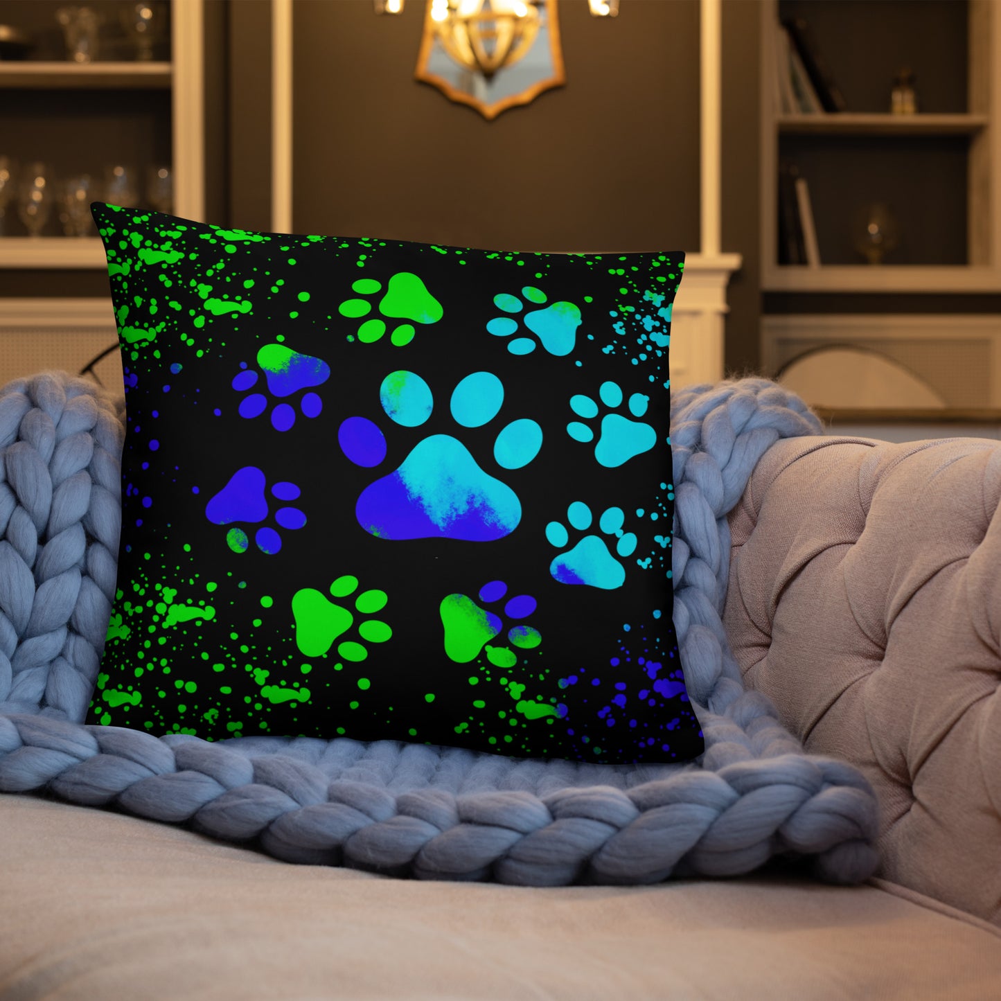 BLUE/ GREEN DOG PAWS- Basic Pillow