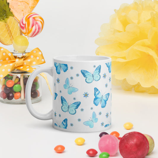 BLUE BUTTERFLIES- White glossy mug